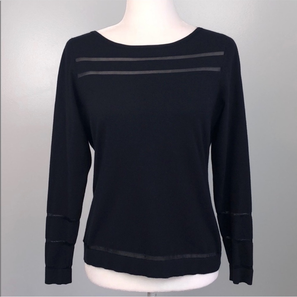Etcetera Navy Blue Sweater Knit Long Sleeve Top Sheer Stripes Size XS